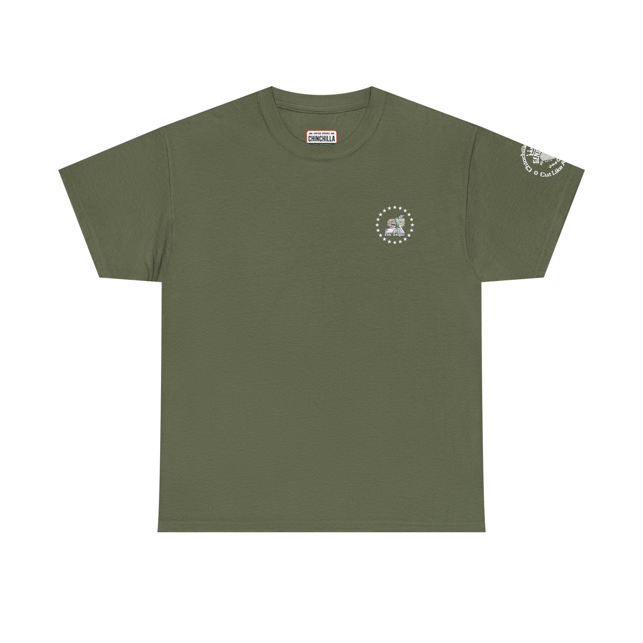Green t-shirt with a small logo on a white background